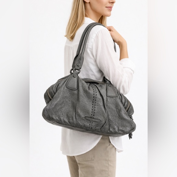 Cole Haan Handbags - Cole Haan Silver Pebbled Leather Satchel Shoulder Bag Double Handle Zip Top